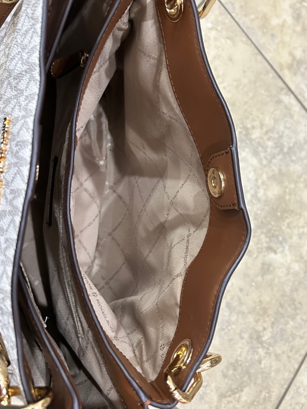 Michael Kors Cream and Brown Logo-Print Tote with Gold Hardware - Picture 7 of 11
